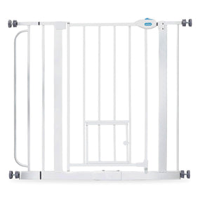 Carlson — reja de paso extra ancha para perro con puertita para gato, 74 a 93 cm, blanca
