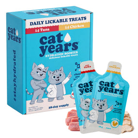 Cat Years — complemento lamible de hidratación para gato, pollo y atún, 28 días