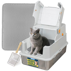 TENTIZON — arenero cerrado de acero inoxidable para gato grande, con tapete y pala